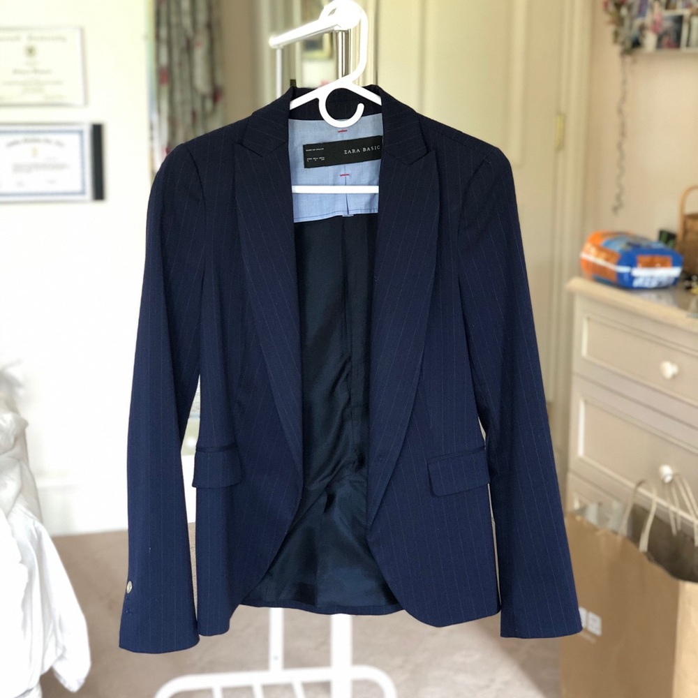 Chic navy blazer with subtle blue & white stripes